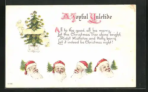 Präge-Künstler-AK Weihnachtsmann, geschmückter Weihnachtsbaum, Köpfe des Santa-Claus