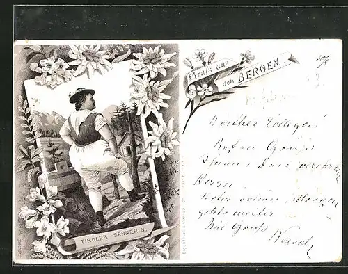 Vorläufer-Lithographie Tirol, 1893, Sennerin in Tracht
