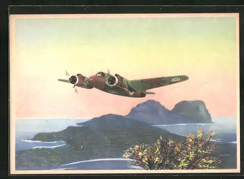 Künstler-AK Van Looij, Flugzeug, Bristol Beaufighter, Jachtkruiser