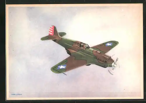 Künstler-AK Van Looij, Flugzeug, Curtiss Tomahawk, Jagdflugzeug