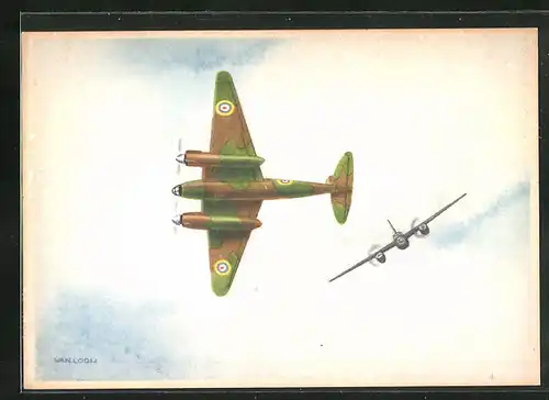 Künstler-AK Van Looij, Flugzeug, Da Havilland Mosquito, Jachtkruiser