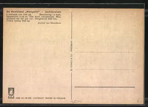 Künstler-AK Van Looij, Flugzeug, Da Havilland Mosquito, Jachtkruiser