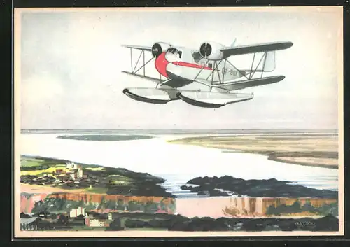 Künstler-AK Wasserflugzeug, im Flug über der Ortschaft und Seenlandschaft