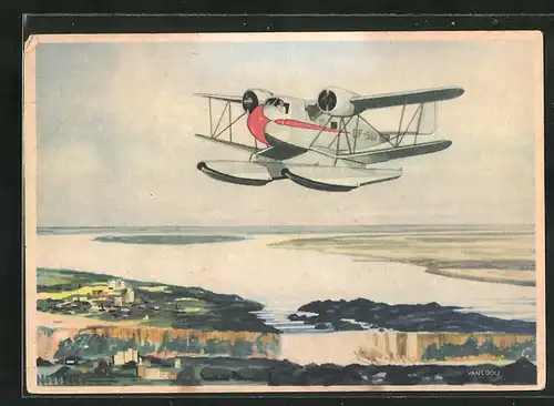 Künstler-AK Wasserflugzeug, Flug über Sees und Ortschaft, Fleet 50-K