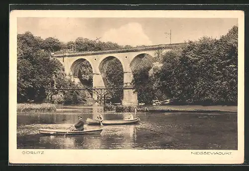 AK Görlitz, Ruderboot unter dem Neisseviadukt