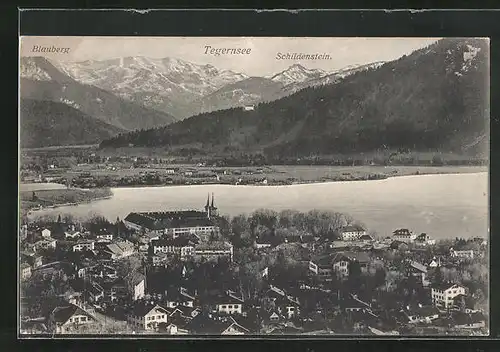 AK Tegernsee, Ortsansicht mit Blick zum Blauberg und Schildenstein