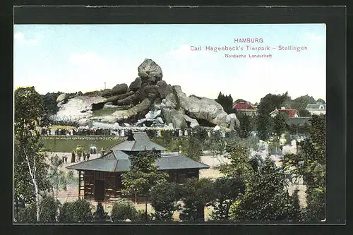 AK Hamburg, Altona-Stellingen, Carl Hagenbecks Tierpark, Blick auf die Nordische Landschaft mit dem felsen