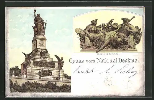 Lithographie Nationaldenkmal, Rhein und Mosel