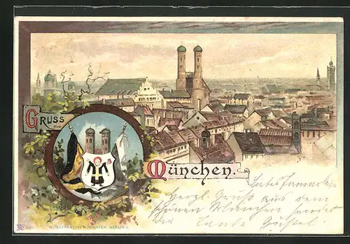 Lithographie München, die Frauenkirche, Münchner Kindl