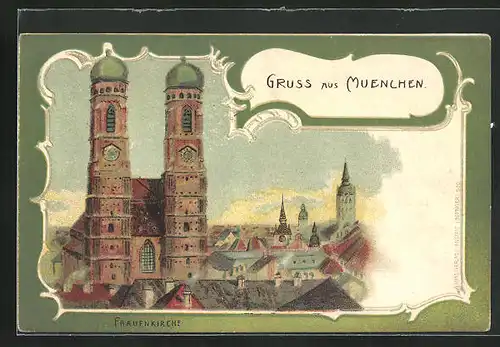 Lithographie München, die Türme der Frauenkirche