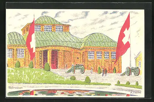 Künstler-AK Bern, Schweizer Landes-Ausstellung 1914, am Wehrwesen