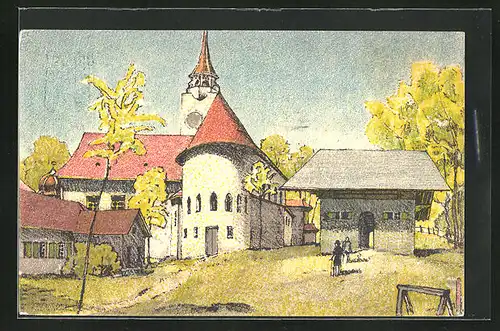 Künstler-AK Bern, Schweizer Landes-Ausstellung 1914, an der Kirche