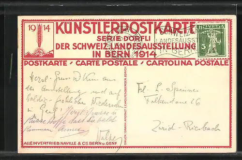 Künstler-AK Bern, Schweizer Landes-Ausstellung 1914, an der Kirche