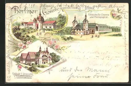 Lithographie Berlin, Gewerbe-Ausstellung 1896, Pavillon der Stadt Berlin, Gebäude f. Erziehungswesen & Chemie