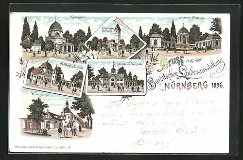 Lithographie Nürnberg, Bayerische Landesausstellung 1896, Weinhaus, Kulmbacher & Münchner Bierhalle, Armee-Museum