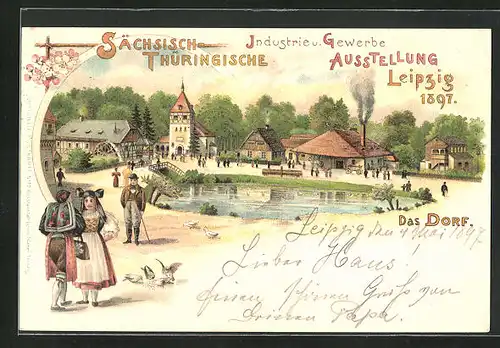 Lithographie Leipzig, Sächs.-Thür. Industrie- und Gewerbe-Ausstellung 1897, das Dorf