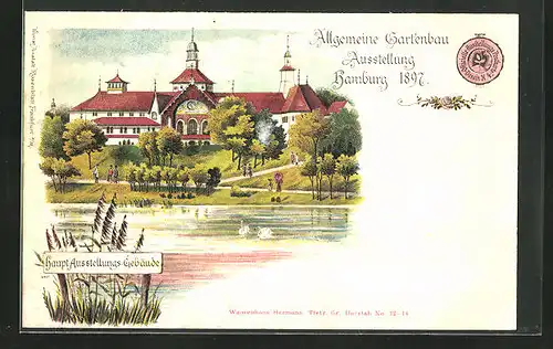 Lithographie Hamburg, Allgem. Gartenbau-Ausstellung 1897, Blick zum Hauptausstellungs-Gebäude