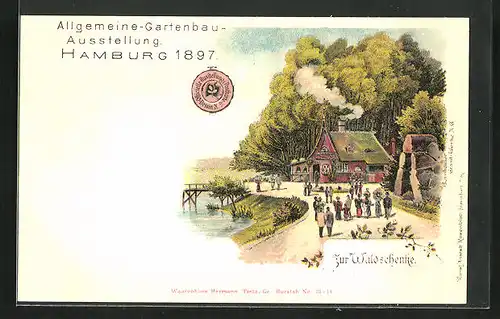 Lithographie Hamburg, Allgem. Gartenbau-Ausstellung 1897, Gasthaus zur Waldschenke mit Gästen