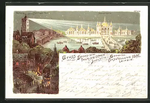 Lithographie Leipzig, Sächs.-Thür. Industrie- und Gewerbe-Ausstellung 1897, Turm der Wartburg beleuchtet die Haupthalle