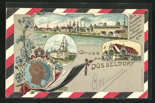 Lithographie Düsseldorf, Industrie- und Gewerbe-Ausstellung, Festhalle, Krupp Palast, Wilehlem II. Büste