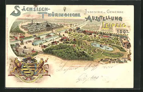 Lithographie Leipzig, Sächs.-Thür. Industrie- und Gewerbe-Ausstellung 1897, Wappen Providentiae Memor, Messeplatz