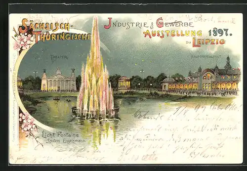 Lithographie Leipzig, Sächs.-Thür. Industrie- und Gewerbe-Ausstellung 1897, Lichtfontaine, Hauptrestaurant, Theater