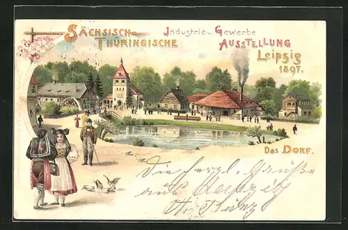 Lithographie Leipzig, Sächs.-Thür. Industrie- und Gewerbe-Ausstellung 1897, das Dorf
