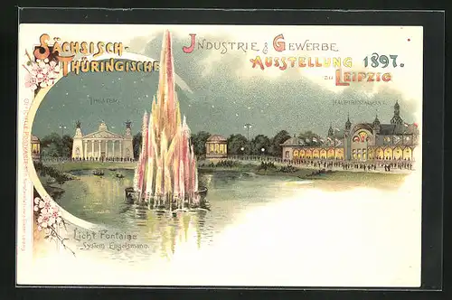 Lithographie Leipzig, Sächs.-Thür. Industrie- und Gewerbe-Ausstellung 1897, Theater, Lichtfontaine, Hauptrestaurant