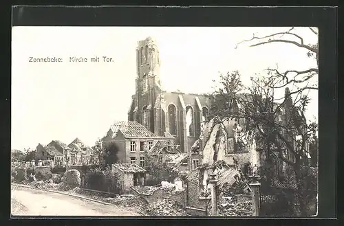 AK Zonnebeke, Kirche mit Tor, Ruinen
