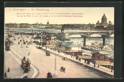 AK St. Pétersbourg, la vue de Névz du pont de Nicolas et la rue Admiralteyskaya Naberejnaya