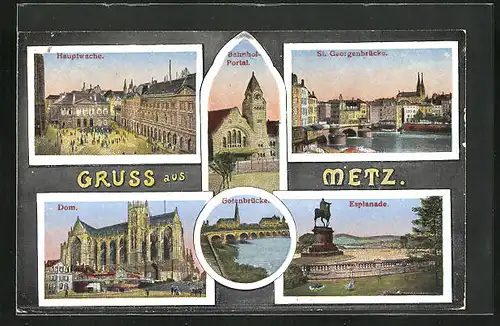 AK Metz, Hauptwache, Dom, Esplanade, Bahnhof-Portal