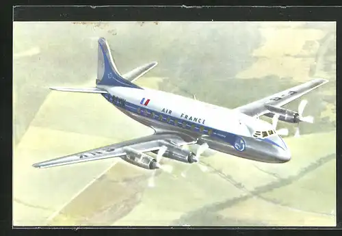 AK Flugzeug, der Fluglinie Air France, Vickers Viscount, Viermotorige Maschine im Flug