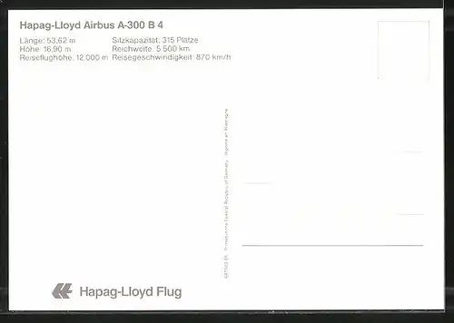 AK Flugzeug, Linienflugzeug der Fluglinie Hapag-Lloyd, ein Airbus A-300 B4 in der Luft