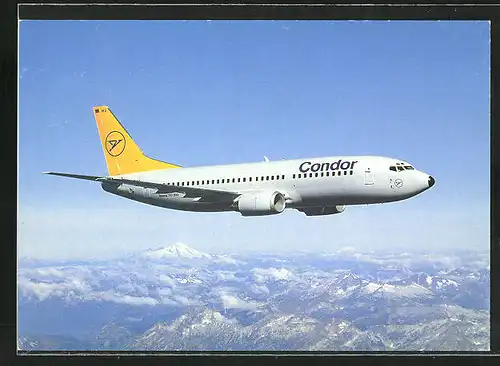 AK Flugzeug, Linienflugzeug der Fluglinie Condor, Boeing 737-300 über dem Gebirge