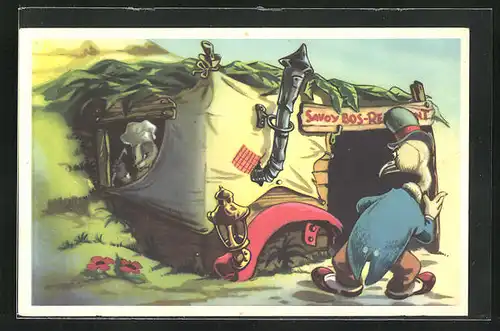 Künstler-AK Comic, Doremias Das, die provisorische Hütte