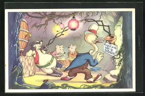 Künstler-AK Comic, Doremias Das, auf dem Abendfest, vermenschlichte Tiere