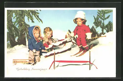 Künstler-AK Käthe Kruse-Puppe, Szene im Schnee und Neujahresgrüsse