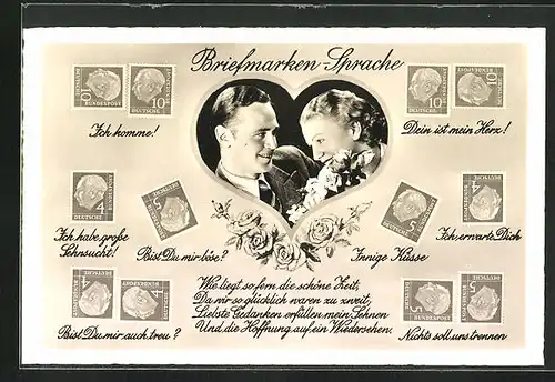 AK Briefmarkensprache, ein junges Paar mit Blumen, verschiedene Markenmotive