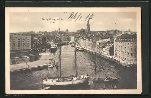 AK Königsberg i. Pr., Hafen mit Stadtblick