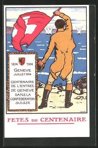 Künstler-AK Geneve, Centenaire de l`Entree de Geneve dans la Confederation Suisse 1814-1914, homme au bord du lac