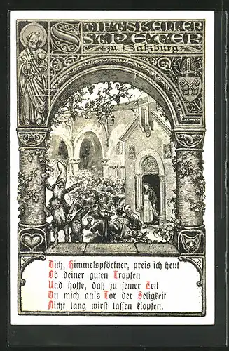 Künstler-AK Salzburg, Stiftskirche St. Peter, Himmelspförtner Petrus, Zwerge und feiernde Leute