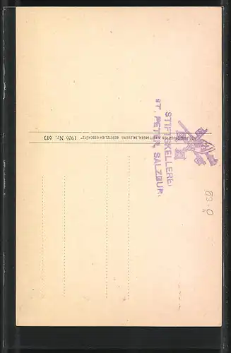Künstler-AK Salzburg, Stiftskirche St. Peter, Himmelspförtner Petrus, Zwerge und feiernde Leute