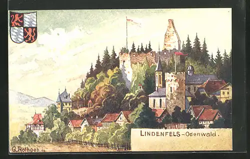 Künstler-AK Lindenfels / Odenwald, Burgblick und Wappen