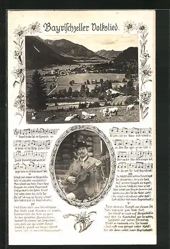 AK Bayrischzell, Panorama, Text- und Notenzeilen des Bayrischzeller Volksliedes