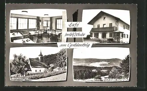 AK Waldhäuser / Bayer. Wald, Café am Guldensteig, Inh. Fam. Janka, Kirche, Gesamtansicht