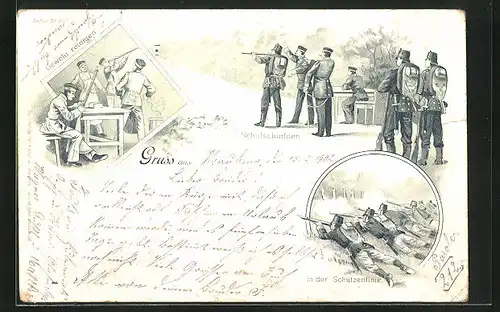 Lithographie Soldaten der Infanterie beim Schulschiessen, Gewehr reinigen und in der Schützenlinie