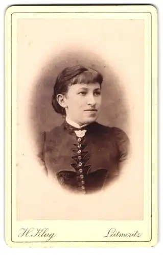 Fotografie H. Klug, Leitmeritz, Portrait brünettes Fräulein mit Brosche am Blusenkragen