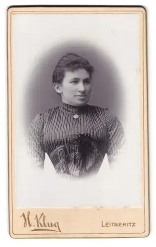 Fotografie H. Klug, Leitmeritz, Portrait dunkelhaarige Schönheit in gestreifter Bluse mit Brosche am Kragen