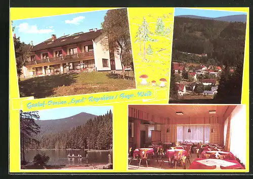 AK Regenhütte /Bayer. Wald, Gasthof-Pension Sperl, Innenansicht, Uferpartie mit Boot