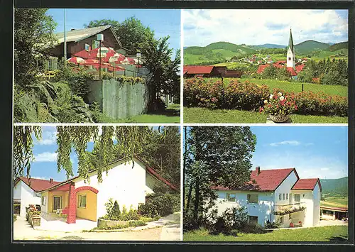 AK Kumreut /Röhrnbach bei Freyung, Pension-Café Restaurant Bergschlöss`l, Terrasse, Ortspartie mit Kirche